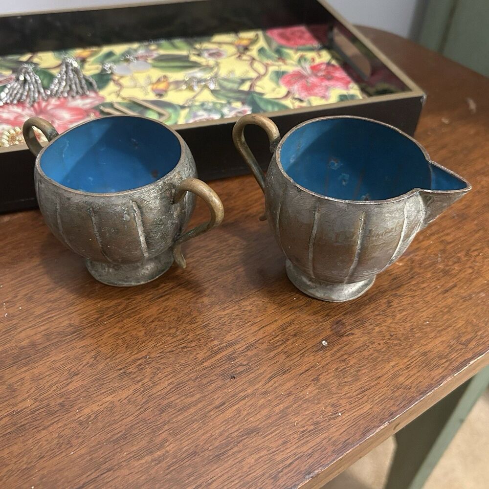 Antique Chinese Turquoise Blue Enameled Copper Pitcher & Bowl 5" Decor Or Desk